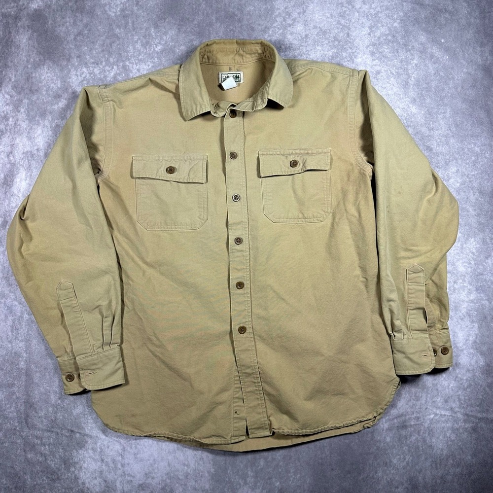 LL Bean Mens M Regular Faded Yellow Cotton Chamois Cloth Button Down Work Shirt